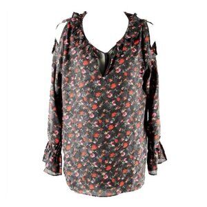 Suzanne Betro Sz S Black Red Multi Floral 100% Poly Sheer Cold Shoulder Top